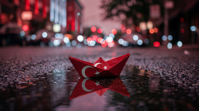 Origami paper boat with Turkey flag floating in street water puddle