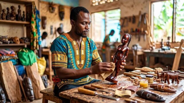 African man finishing wooden female statue in artisan workshop. Traditional carving craftsmanship and fair trade concept. Handmade cultural artifacts production for global markets