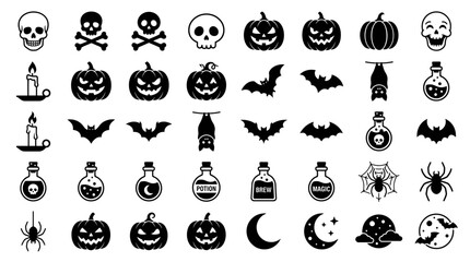 Fototapeta premium Halloween Icons Collection Skull Pumpkin Bat Potion Spider Moon