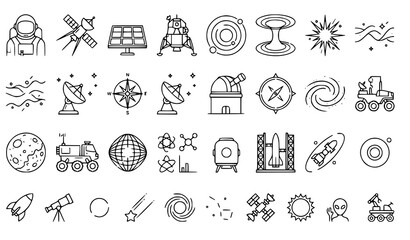 Space exploration icon set astronauts planets satellites rovers and celestial objects in linear style © Alamin
