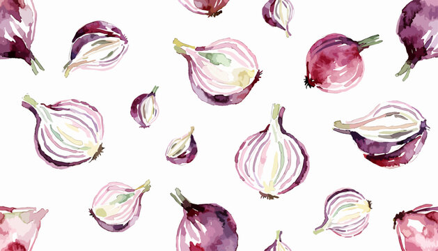 Artistic watercolor red onions pattern with detailed hand painted garden bulbs on white