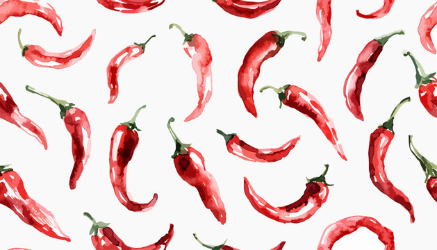 Artistic watercolor red peppers pattern with detailed hand painted hot chili on white