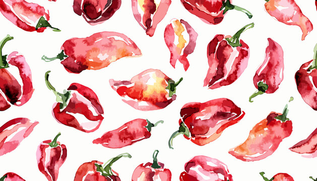 Beautiful watercolor red pepper background pattern with detailed hand painted botanical elements