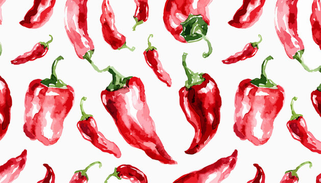 Beautiful watercolor red pepper seamless pattern with fresh hot garden vegetables on white