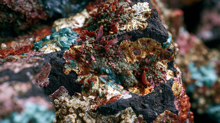 Fototapeta premium Subtidal rocky reef encrusting organism mosaic, coralline algae, encrusting bryozoa, colonial tunicates and sponge veneers layered in successional community, weathered aged patina on basalt substrat