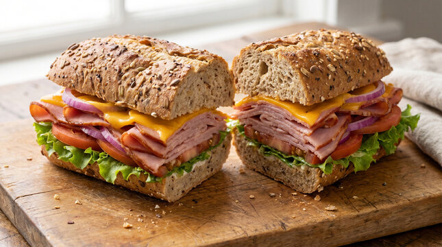 Delicious multigrain sub sandwich packed with premium ham, sliced cheese, and crisp fresh vegetables on a wooden board. A perfect healthy meal for your appetizing dinner.