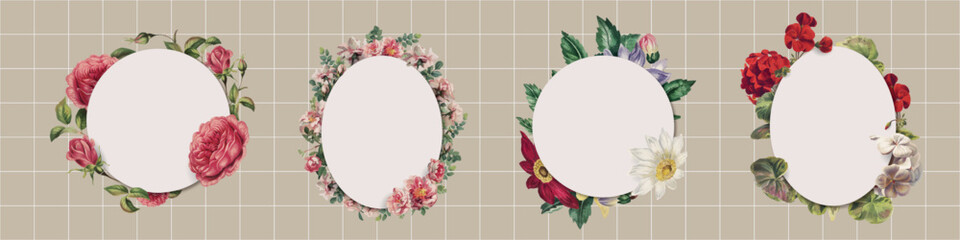 Obraz premium Vector floral frames with roses and daisies on a beige grid background.