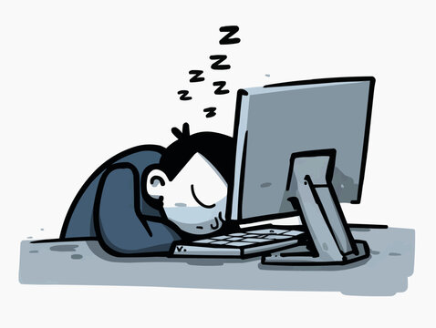Tired man sleeping soundly at his desk with head resting on arms next to a computer showing exhaustion and burnout