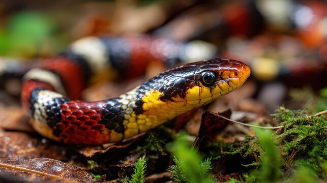 Vivid red-yellow-black banded coral snake in a shaded forest habitat