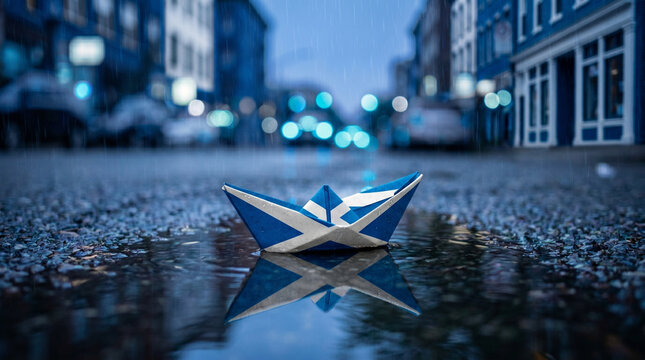 Origami paper boat with Scotland flag floating in wet road puddle