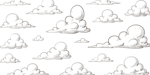 Fototapeta premium Hand drawn vintage sketch style fluffy clouds in the sky seamless pattern background vector illustration design.