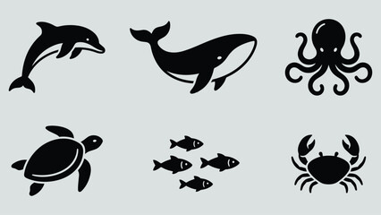 Obraz premium Set of Marine Life Icons: Dolphin, Whale, Octopus, Turtle, Fish, Crab