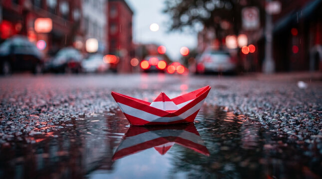 Paper boat with Austria flag colors floating in street water puddle