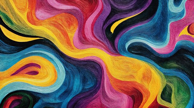 Vibrant abstract painting featuring swirling colorful waves with thick oil paint texture and bold bright patterns across the entire canvas
