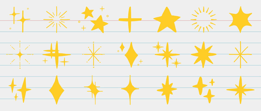 Vector of various yellow star and sparkle shapes on a lined background.