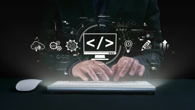 Modern web development concept featuring coding symbols, web development process, web development interface, and web development tools with futuristic design. Elide