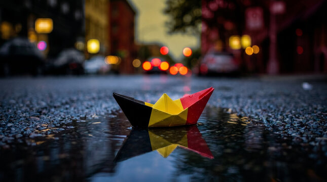 Origami paper boat with Belgium flag floating in urban road puddle