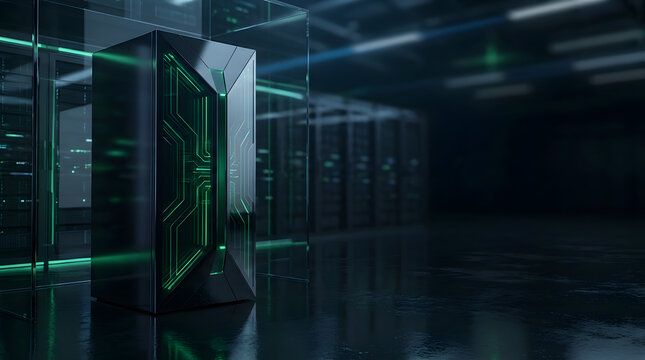 Futuristic AI server tower with neon green data streams in dark high-tech data center.AI Generated

