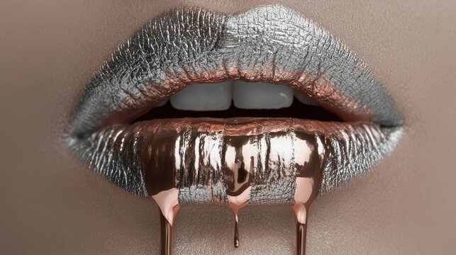 Beautiful model mouth, silver skin tone, dripping liquid rose gold, soft and elegant metallic reflection