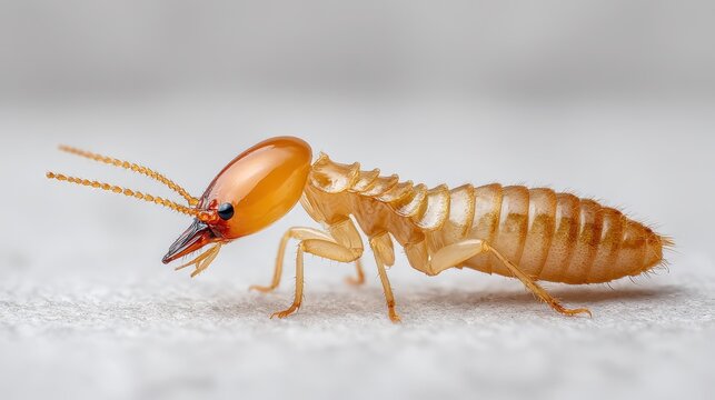 Isolated termite profile on a pure white surface, high-detail macro image