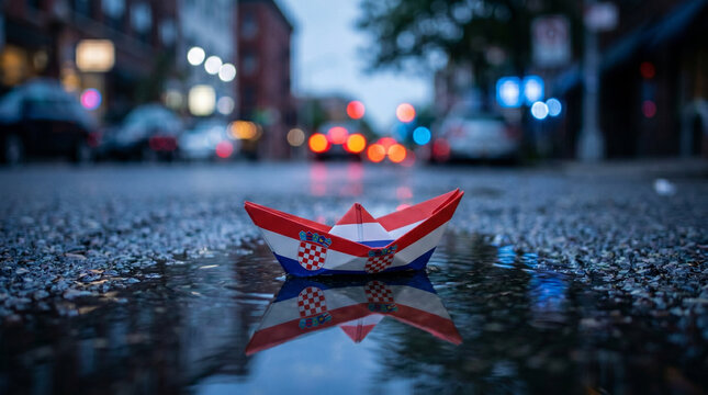 Origami paper boat with Croatia flag floating in wet street puddle