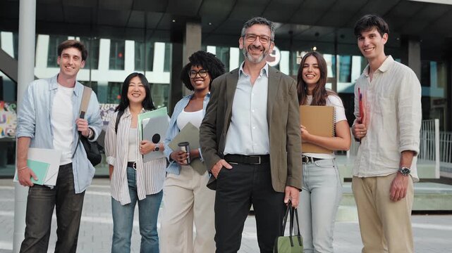 Group of happy international exchange University students with professor looking at camera smiling together after lectures