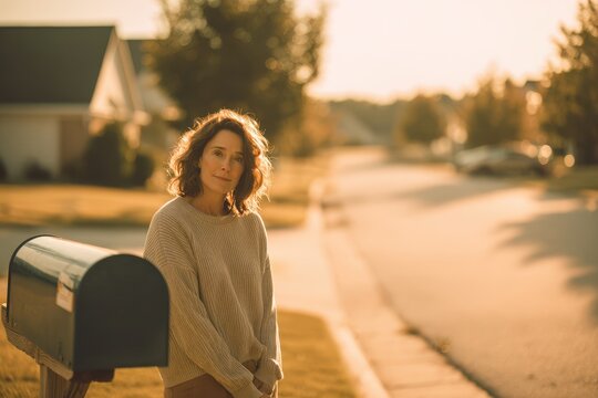 Casual portrait of a woman posing near an empty mailbox on a quiet suburban street