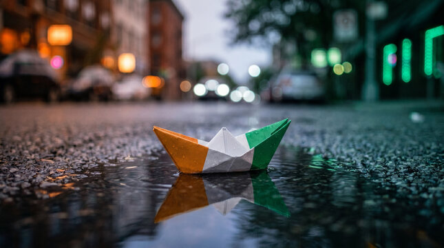 Origami paper boat with Ivory Coast flag in wet urban puddle