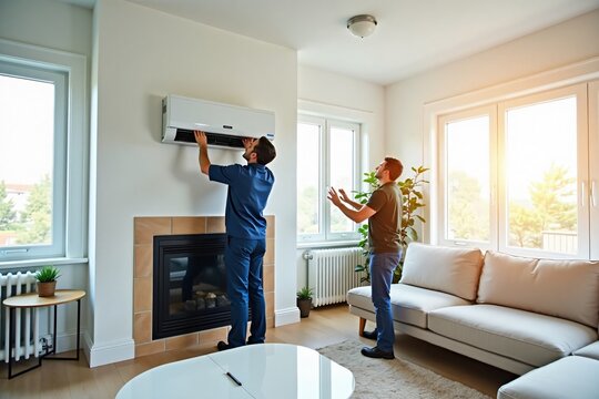 Technician installing air conditioner in modern living room while customer watches attentive and curious during home service visit