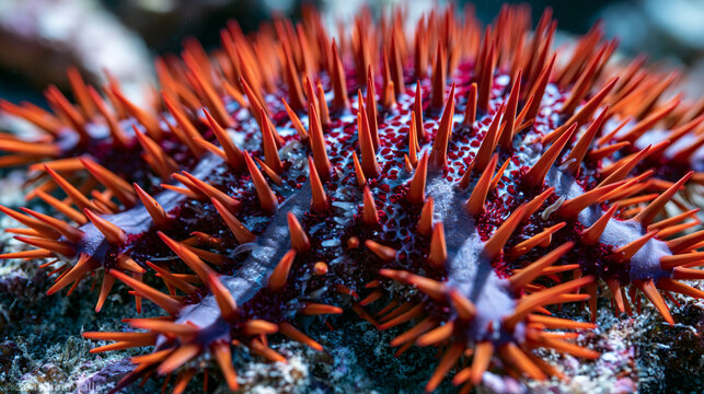 Crown of thorns Acanthaster planci aboral surface detail, venomous spine array casting dramatic shadows across ambulacral groove system, ossicle plate mosaic texture, tube feet visible between spine