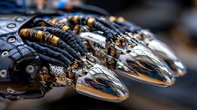 Five-finger robotic gripper tendon cable routing reflected in polished fingertip surface, mirrored distorted reflection of cable routing pulleys visible in convex tip geometry, reflection surface st
