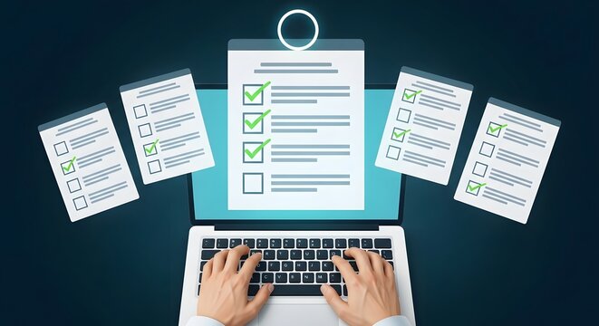 Business productivity a person using a laptop with checklists on clipboard for efficient task management