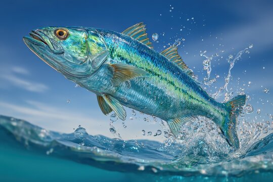 Hyperreal bluefish mid-leap with sparkling spray and sunlit water
