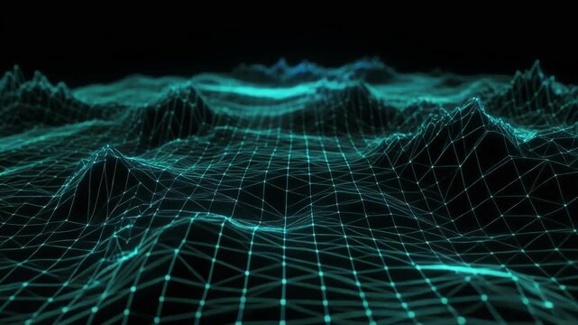 Glowing turquoise digital landscape topography moving slowly against a dark background with copy space for text