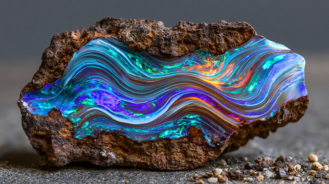Opal boulder slice showing potch base and precious opal seam with rolling broad flash diffraction pattern, Queensland ironstone matrix host, gemological specimen backlit illumination .ultra photorea