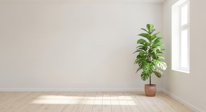 Potted fiddle leaf fig in bright minimalist room.