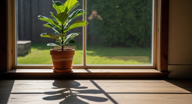 Potted fiddle leaf fig on sunlit windowsill.