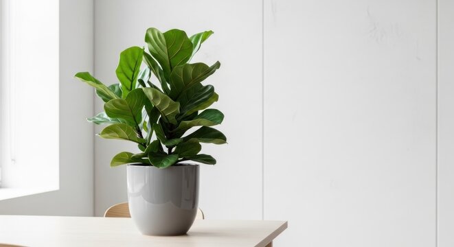 Potted fiddle leaf fig plant on white desk