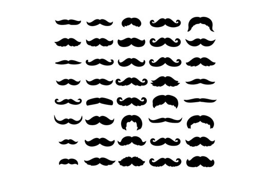 Men mustache. Black silhouette of curly facial hair, fun hipster logo, retro male whiskers, mustache shave and barber symbols collection 30 Styles Vector Set