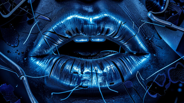 Futuristic blue lips with abstract elements