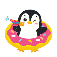 Fototapeta premium Cute cartoon penguin wearing a donut swim ring and playing with a water gun in summer