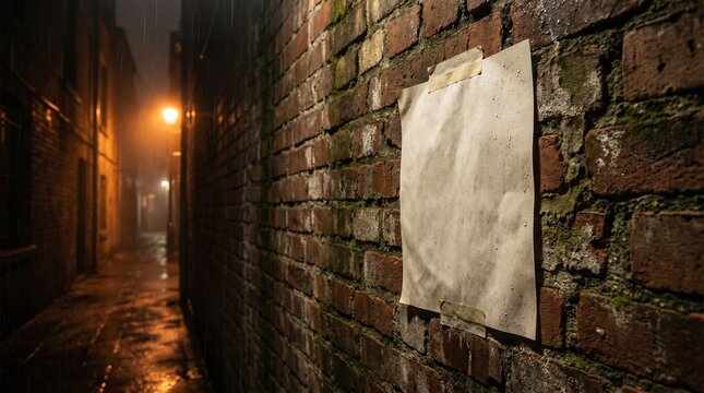 Empty paper poster taped to a wet brick wall in a rainy alleyway.