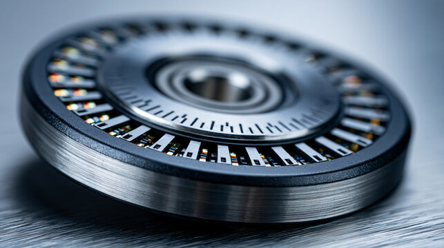Rotary encoder disk with optical grid slots glistening under macro diffused illumination, incremental tick marks etched into anodized aluminum hub, precision bearing race visible at center, industri