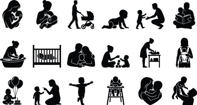 Baby care and parenting black silhouette icon set featuring maternal nursing stroller walking crawling playing and family bonding activities