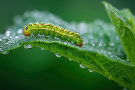 Tiny inchworm exploring a leaf with soft sunlight and shallow depth of field