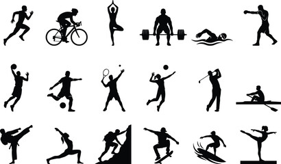 Black silhouettes of athletes practicing various sports, fitness activities, gymnastics, and outdoor exercises isolated on white background © Mst Shamima