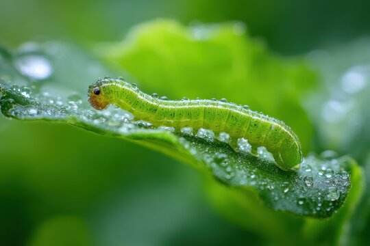Macro nature image of a small inchworm along a leaf edge in natural light