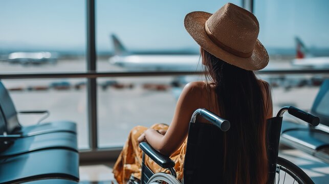 A young woman in a wheelchair sits in an airport terminal gazing at planes 