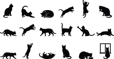 Cat silhouettes set featuring various felines stretching, jumping, sleeping, playing, walking, eating, and sitting by a window vector icons collection © Mst Shamima