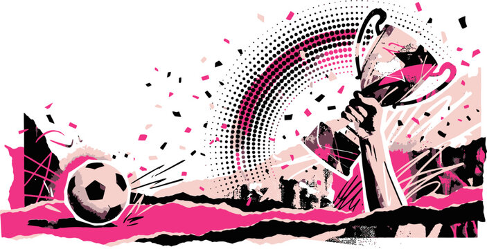 Dynamic soccer championship vector illustration, hand holding winner trophy with football and confetti, pink and black sports tournament banner